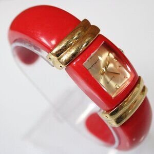 Vernier Women’s Red Enamel Cuff Bracelet Watch Gold Tone Quartz Wristwatch